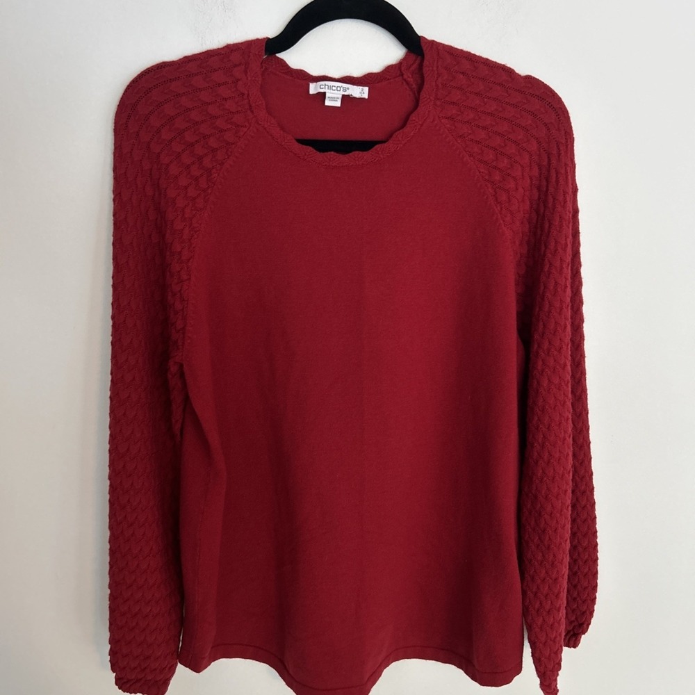 Chicos Women's 2/L Waffle Long Sleeve Embroidered Neckline Red Pullover Sweater